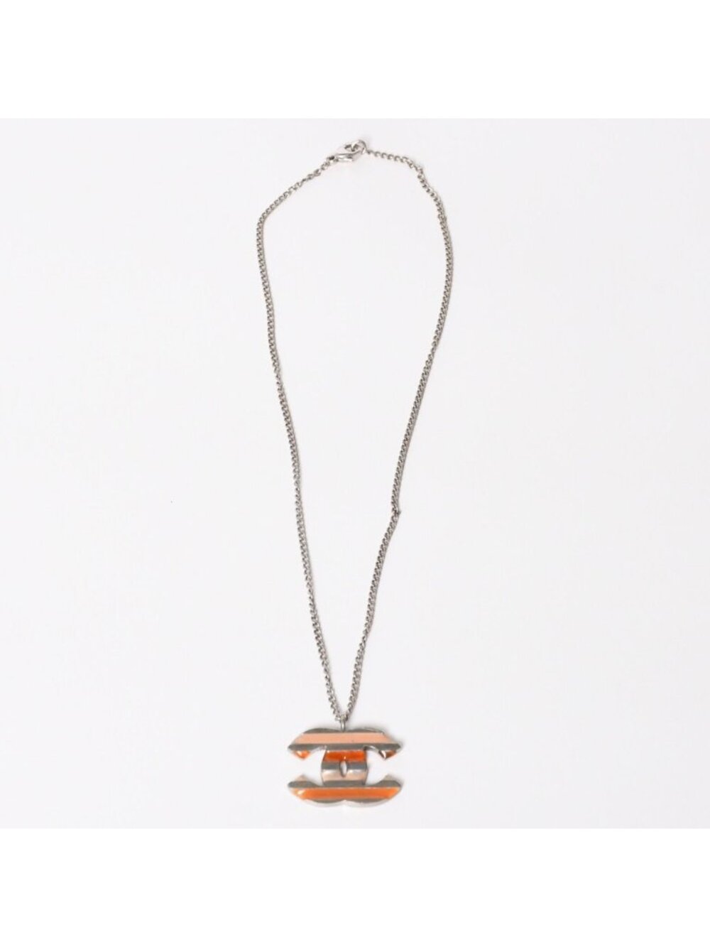 Chanel Necklace CC Logo Border Orange Pink Silver 05